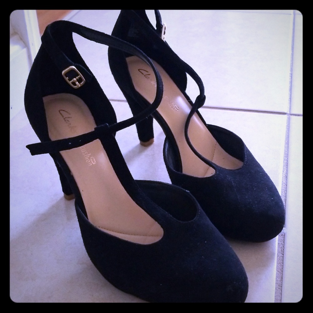 Black Clarks t-strap heel